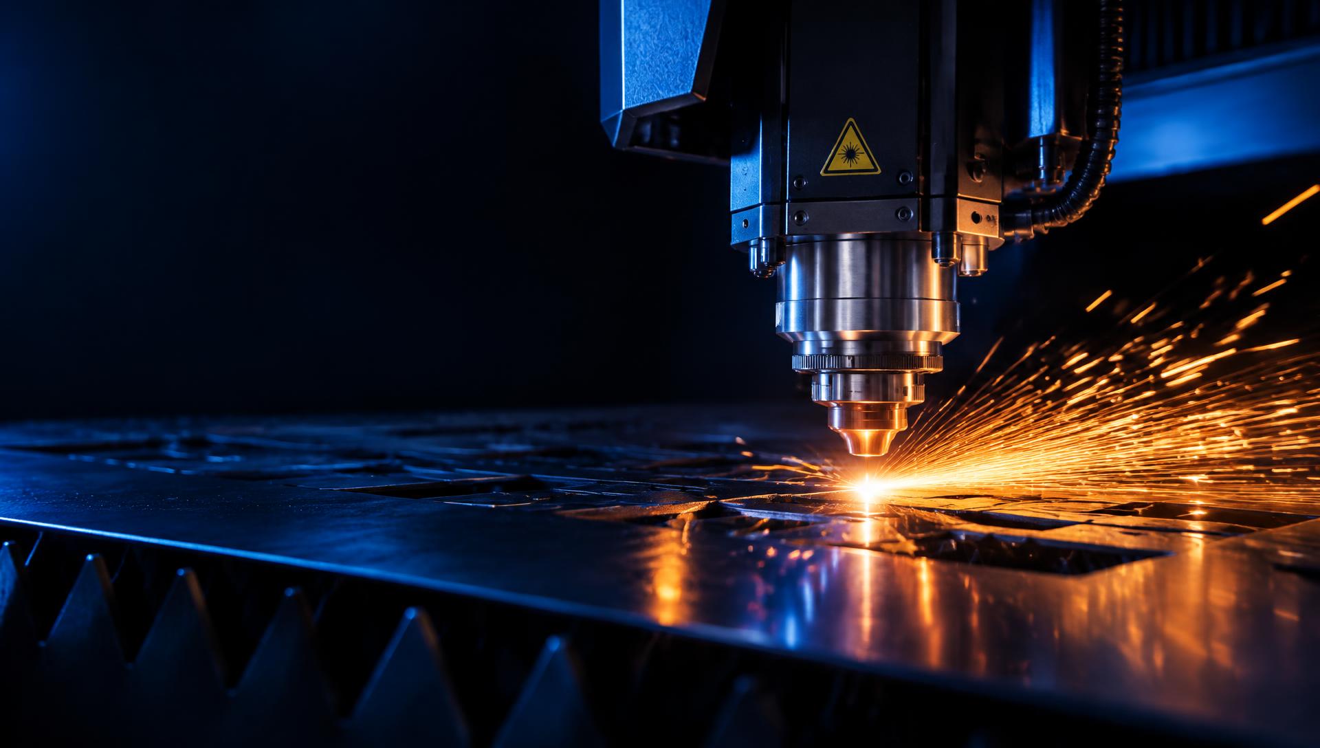 CNC laser cutting head cutting steel with sparks
